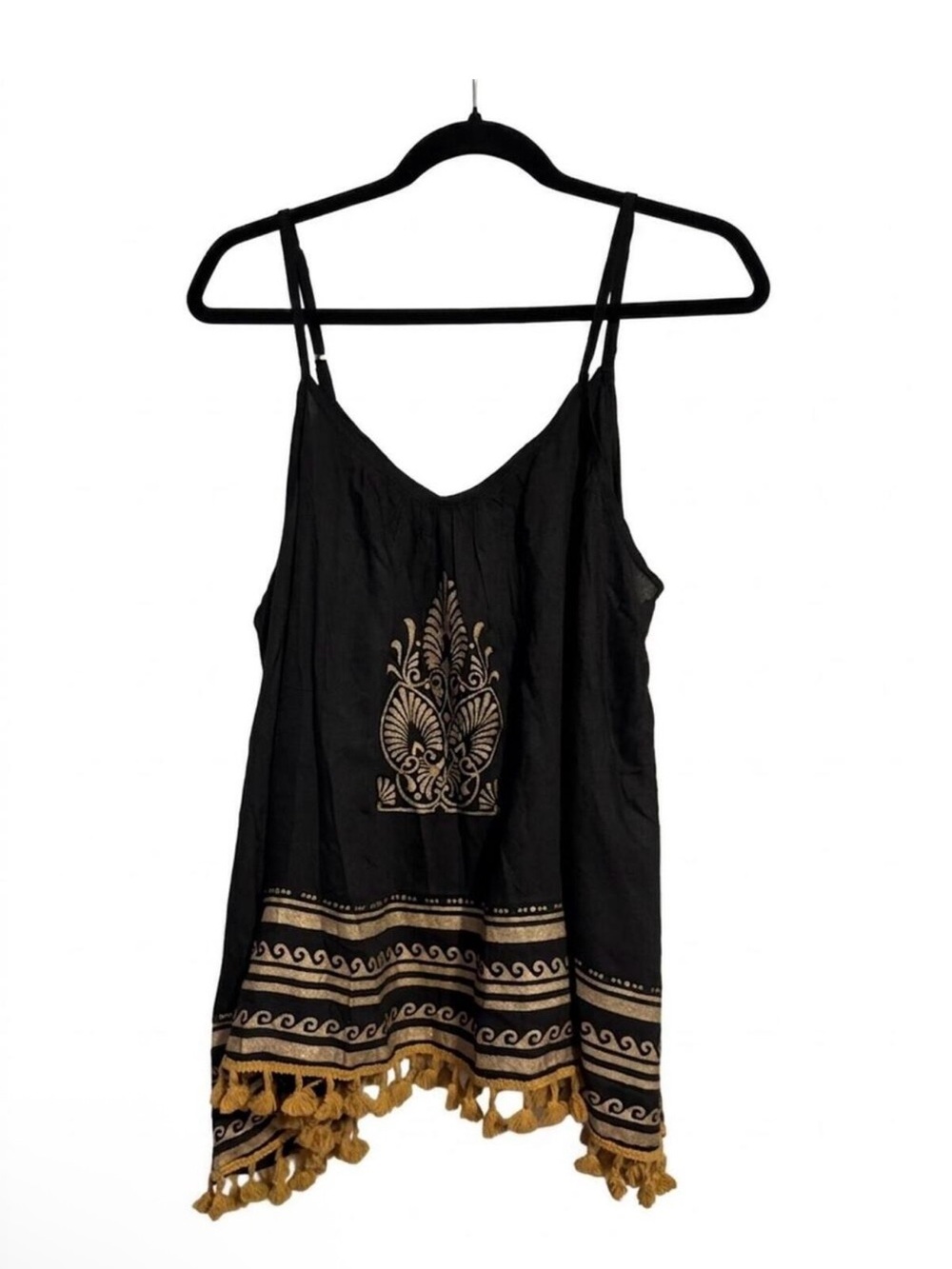 Rhea Costa Black Tank Top with Gold Print and Tassels -NWT